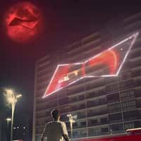Budweiser Red Moon and Hologram Logo on Building