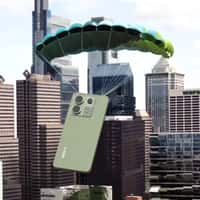Xiaomi Smartphone on Parachute in Green Cityscape