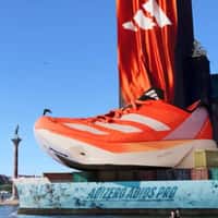 Adidas Giant Orange Shoe Floating In Stockholm