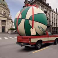 Les Deux Pickup Truck Transports Giant Basketball