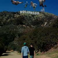 Fortnite Characters Float Above Hollywood Sign