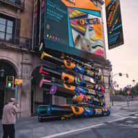 BIC Markers Spill from Giant Box on Plaza Mayor Façade