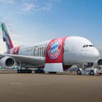 Emirates Plane Draped in FC Bayern Munich Sash