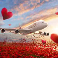 Emirates Plane Glides Over Field of Roses