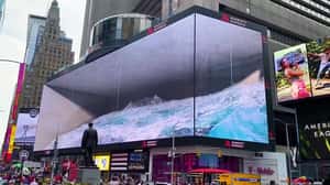 Waves Splash on Screen Forming Whale in a 3D Billboard ad of Unknown