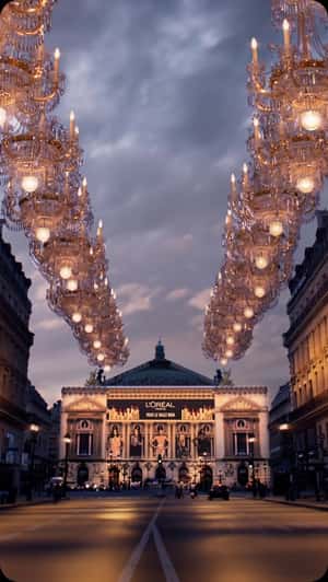 Giant floating chandeliers fake out of home ad of L'Oréal for Le Défilé 