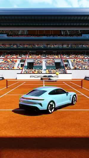 Porsche Taycan Turbo S lawn tennis showdown fake-out-of-home ad of Porsche