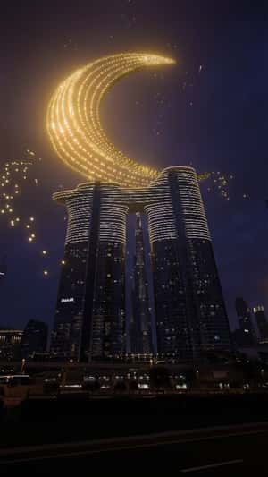 Drones Forming Crescent Moon in a fake-out-of-home ad of Address Sky View
