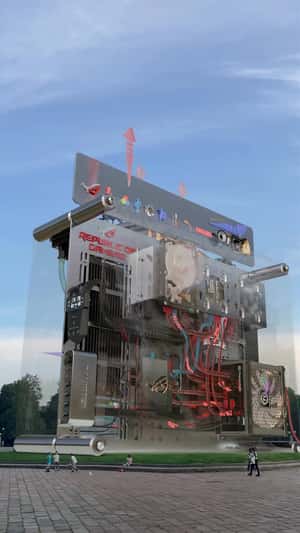 Gaming CPU Towers Over Park in a fake-out-of-home of ROG