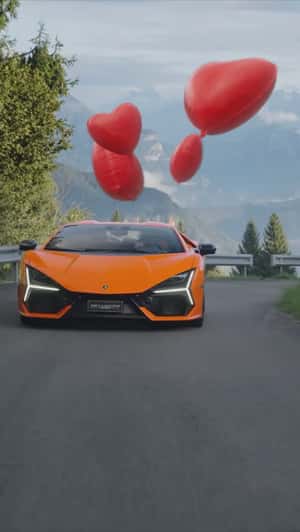 Car with Attached Heart-shaped Balloons in a fake-out-of-home of Lamborghini