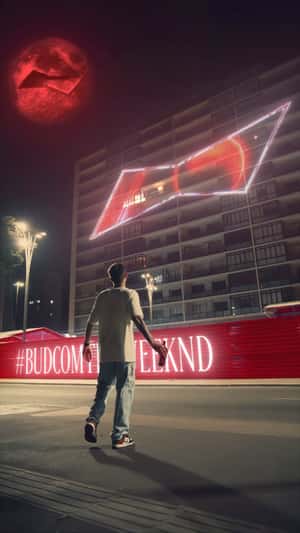 Red Moon and Hologram Logo in a fake-out-of-home of Budweiser