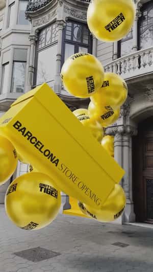 Tiger Box and Balloons Float Out of Store in a fake-out-of-home-ad of Onitsuka Tiger