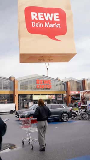 Grocery Paper Bags Floats in a fake-out-of-home ad of REWE