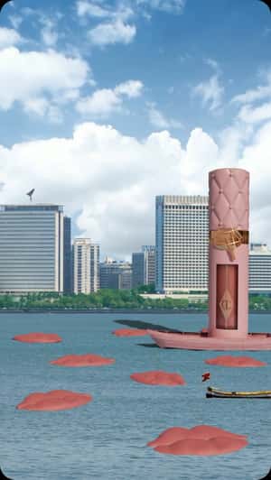 Lip Gloss on Boat with Floating Lips in a fake-out-of-home ad of Nykaa