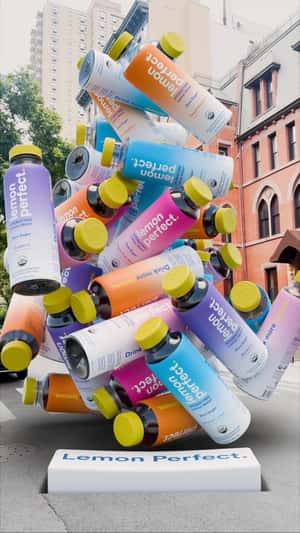 Bottles Stacked Midair From Keycap in a fake-out-of-home ad of Lemon Perfect