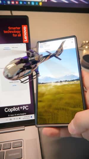 Helicopter Emerges from Phone Screen in a fake-out-of-home ad of Lenovo