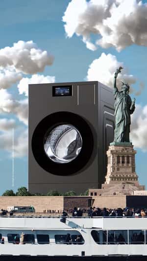 Washer Rises Beside Statue of Liberty in a fake-out-of-home ad of Samsung
