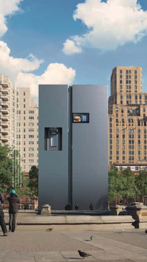 Smartphone Transformed into Refrigerator in a fake-out-of-home ad of Samsung