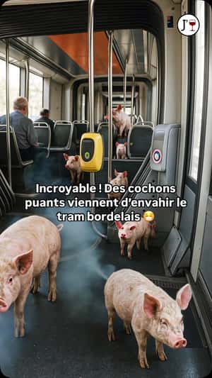 Pigs Riding Inside the Tram in a fake-out-of-home ad of Quoifaireabordeaux