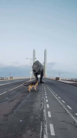 T-Rex and Dog Roaming at the Bridge in a fake-out-of-home ad of Quoifaireabordeaux