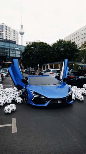 Revuelto with soccer balls fake-out-of-home ad for Lamborghini