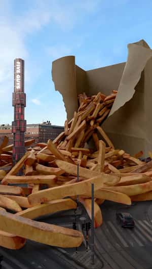 Fries Overflow from Paper Bag in a fake-out-of-home ad of Five Guys