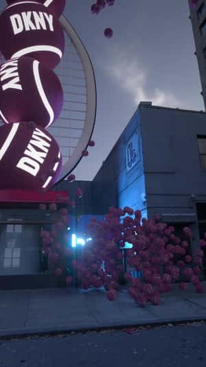 Pink Tennis Balls Floats in Street Side in a fake-out-of-home ad of DKNY
