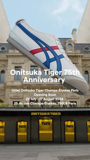 Shoes Ascending at Eiffel Tower in a fake-out-of-home-ad of Onitsuka Tiger
