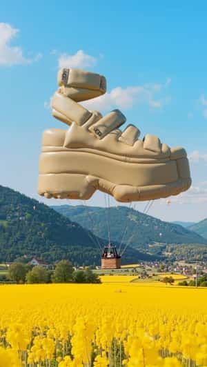 Sandal Hot Air Balloon Glides Above Flowers in a fake-out-of-home ad of UGG