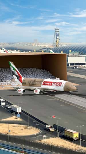 Airplane Comes Out From Courier Box in a fake-out-of-home ad of Emirates