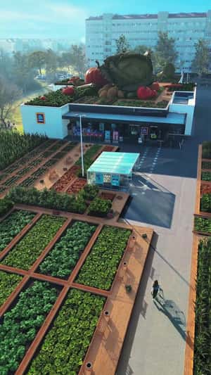 Vegetable Garden Above the Roof in a fake-out-of-home ad of Hofer
