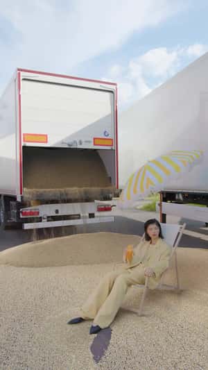 Truck Pours Sand on the Street in a fake-out-of-home ad of Drykorn