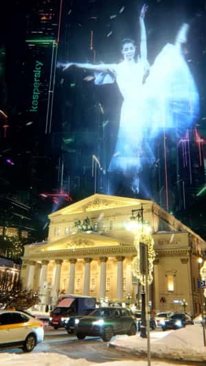 Dancing Ballerina Hologram on 3D Glasses in a fake-out-of-home ad of Kaspersky