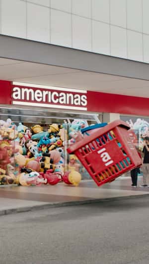 Basket Dashes Out From Toy-Filled Store in a fake-out-of-home ad of Americanas