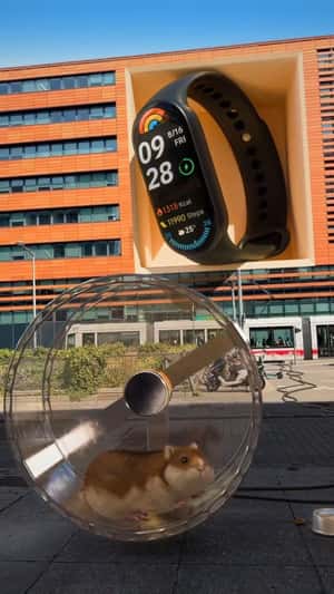 A giant Smart Band 9 hanging on a building fake out of home ad of Xiaomi