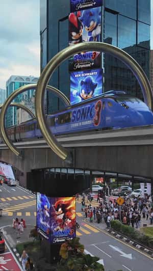 Sonic-themed Train Passing on Viaduct in a fake-out-of-home ad of Sonic Movie