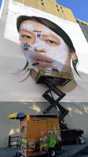 Workers Cleaning Woman’s Face on Mural in a fake-out-of-home ad of Benefit