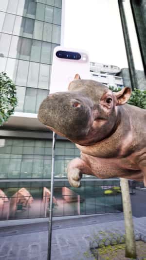 Phone Floats with Hippo and Dog in a fake-out-of-home ad of Google Pixel