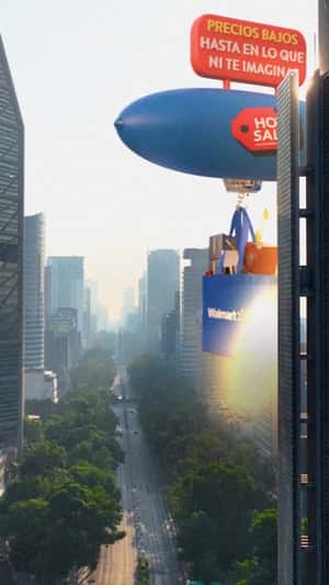 Airship Carrying Grocery Bag in a fake-out-of-home ad of Walmart
