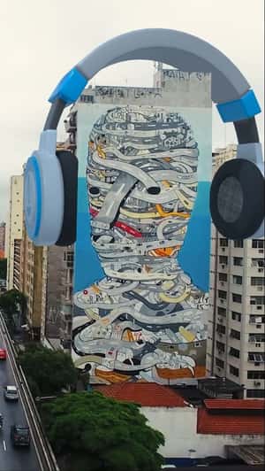 Headphone on Painted Building in a fake-out-of-home ad of Prompt Filmes