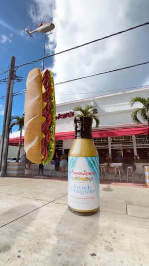 Sauce and Sandwich on Helicopter in a fake-out-of-home ad of La Sandwicherie