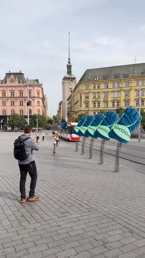 Giant Hockey Gloves in Brno in fake-out-of-home ad of Škoda Auto