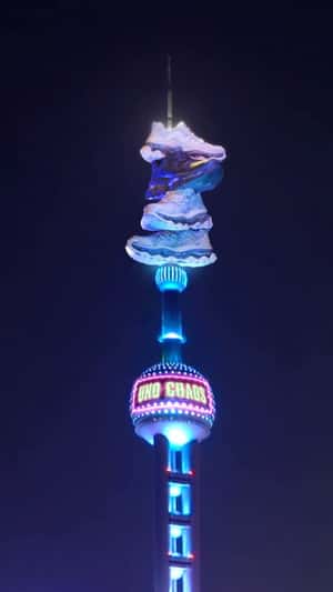 Shoes Pierced on Tower in a fake-out-of-home ad of Skechers