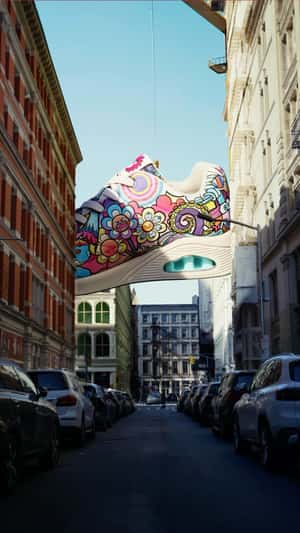 Shoe Carried by Crane at the Street in a fake-out-of-home ad of Skechers