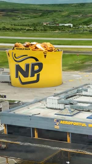 Noodle Bowl Stands on Airport Runway in a fake-out-of-home ad of Noodle Pack