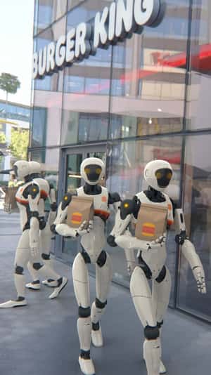 Robots Holding Burgers on Paper Bag in a fake-out-of-home ad of Burger King