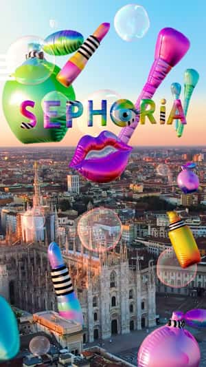Floating Letters and Cosmetics Inflatables in a fake-out-of-home ad of Sephora