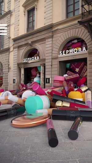 Beauty Products Overflow as Cloth Drops in a fake-out-of-home ad of Sephora