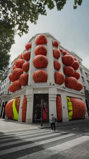 Orange Dotted Rubber Puffing out from Windows in a fake-out-of-home ad of Nike