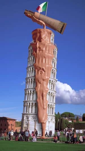 Foundation Dripping at Tower of Pisa in a fake-out-of-home ad of Ahood Beauty